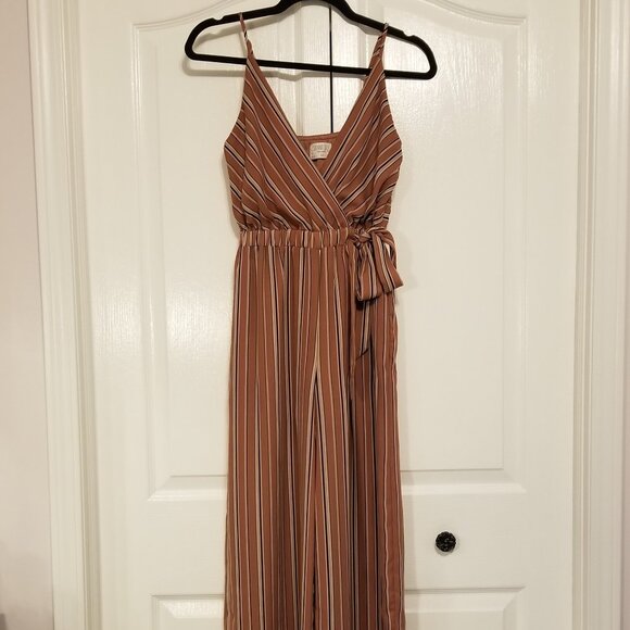 Sienna Sky Long Romper Pinstriped Nude Pink Wide Leg, Tie Waist, Flowy, Wrap Top - Picture 2 of 11